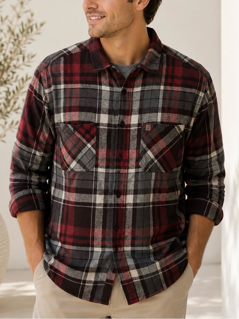 Coleman Men’s Red Gray Plaid Cotton Flannel Button Down Shirt Size Large